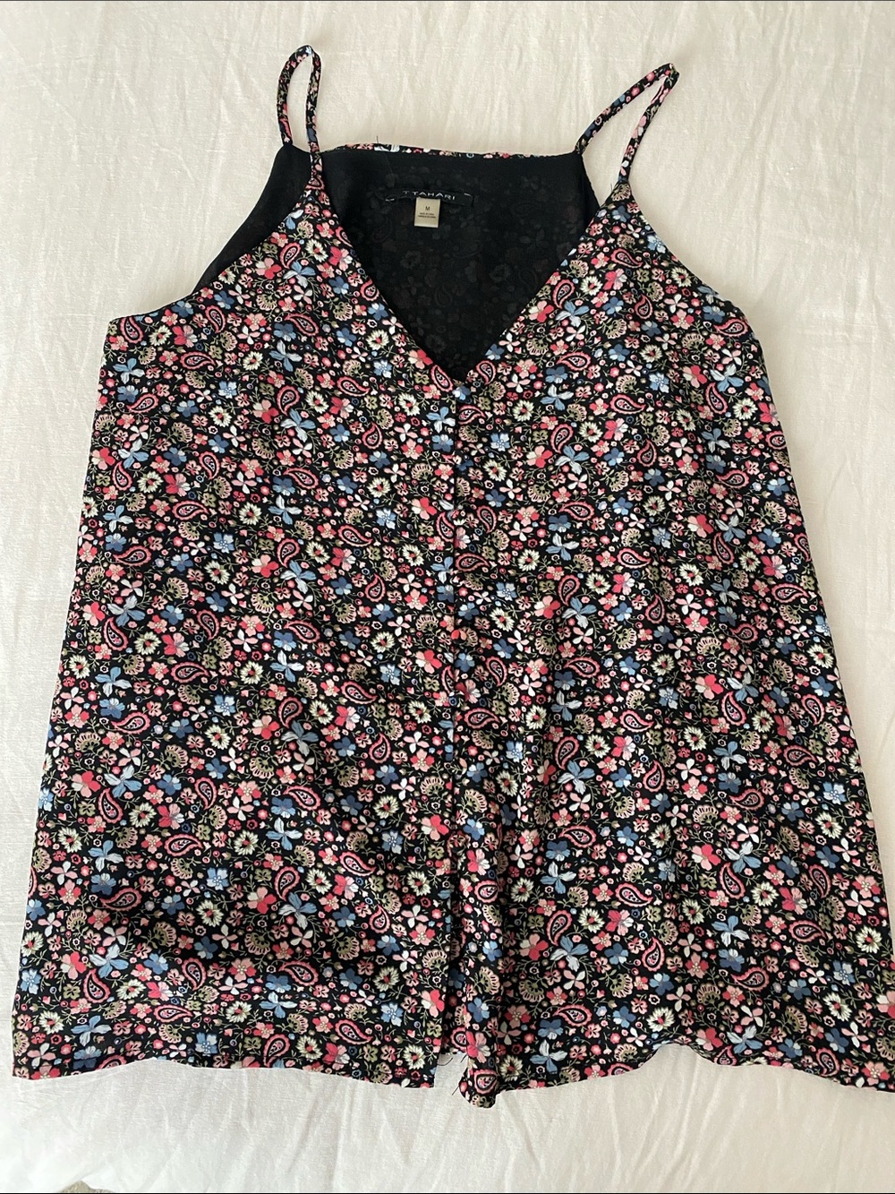 Floral Paisley Spaghetti Strap Tank - Black with Pink & Blue